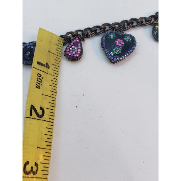 Puffy Heart Charm Bracelet Brass Tone Enamel Decor Teardrop 7 Locket Charms - Picture 14 of 14